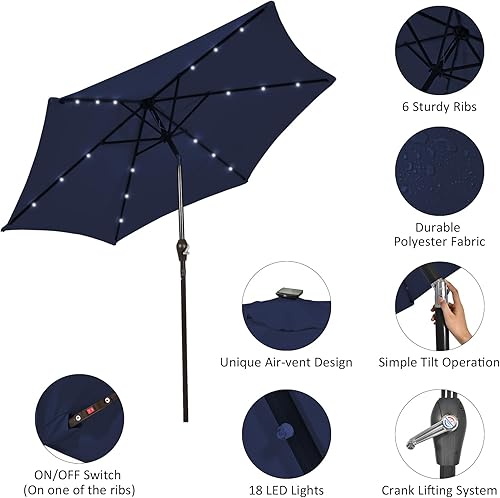 Miniatura 7 de Tangkula Sombrilla de patio con 24 luces LED solares de 10 pies, con ajuste de inclinación y manivela, sombrilla para exteriores con 8 varillas