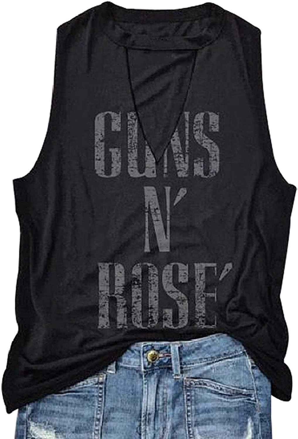 HDLTEWomen Hollow Out Guns N' Rose Country Tank Tops Rock Concert Graphic Tees Sleeveless Rock and Roll T-Shirt