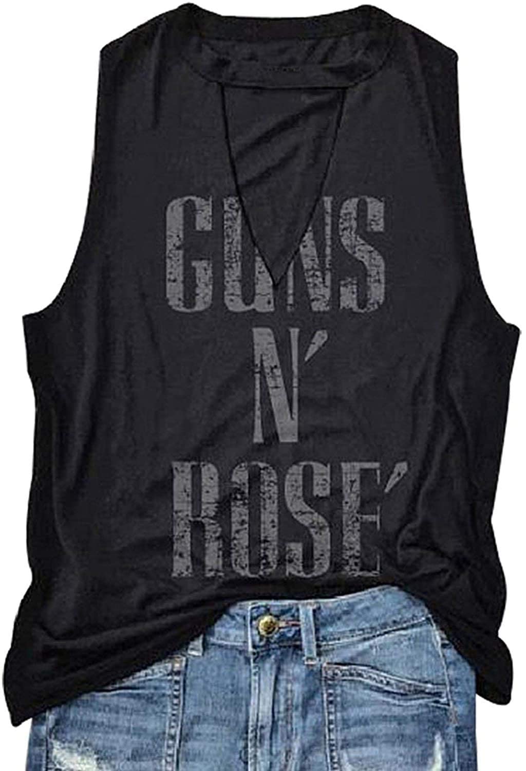 HDLTEWomen Hollow Out Guns N' Rose Country Tank Tops Rock Concert Graphic Tees Sleeveless Rock and Roll T-Shirt