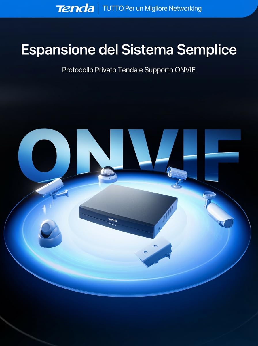 Tenda TN3108-8P NVR Sistema di Sorveglianza 4K, Trasmissione 250m, H.265+, Plug&Play, Supporto HDD fino a 10 TB (non incluso)/Archiviazione Cloud, Protezione Fulmini 4KV, App Controllo Remoto
