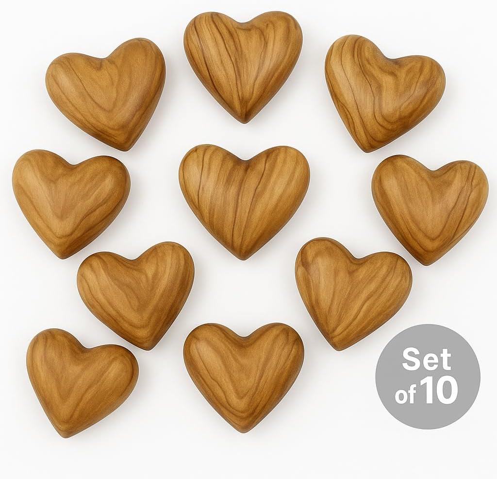 ZULUF Set of 10 Olive Wood Hearts 2 x 2 Bulk Pack Hand Carved Wooden Hearts Wedding Favors Party Pack Valentine Bowl Filler Rustic Home Decorations Handmade in Bethlehem w/Certificate
