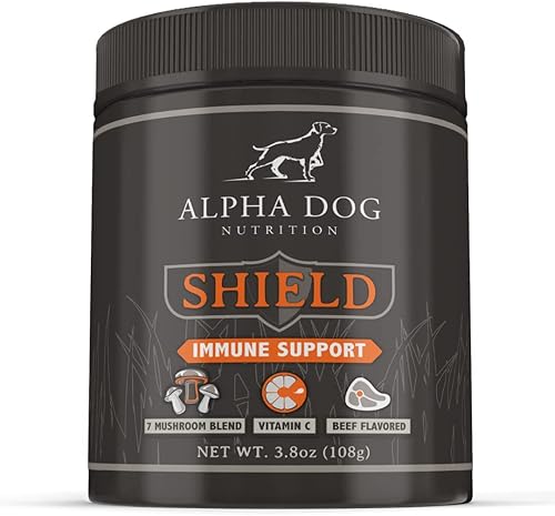 Alpha Dog Nutrition - Suplemento inmunológico para alergias de escudo para perros Complejo nutricional patentado de 7 hongos en polvo + vitamina C