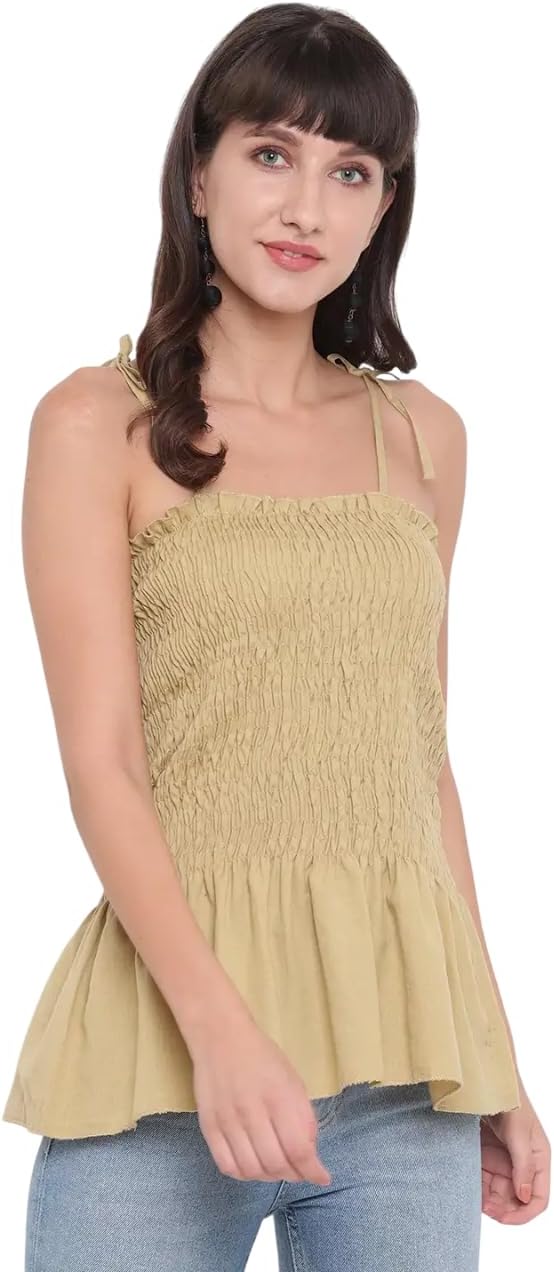Bigdave Women's Rayon Solid Casual Summer Style Tie Shoulder Straps Free Size Tank Top (Beige)