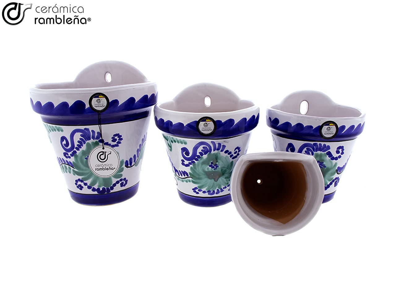 CERÁMICA RAMBLEÑA | 4x Vasi da Fiori per Parete, Diverse Dimensioni | Vaso Ceramica 100% Decorato a Mano | Vaso Esterni con Foro per Appendere e Drenaggio - Modello D119 | Fatto in Spagna