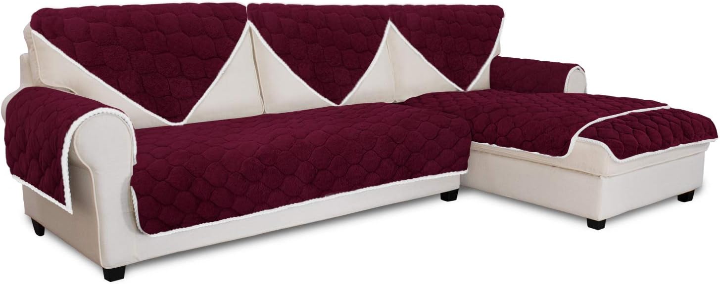 Easy-Going Super Soft Plush Couch Cover, Anti-Slip Sectional Couch Cover, Quilted L Shape Sofa Cover, Thicken Sofa Slipcover for Kids Dogs Pets 28x28 inch-Wine (Sold by Piece/Not All Set)