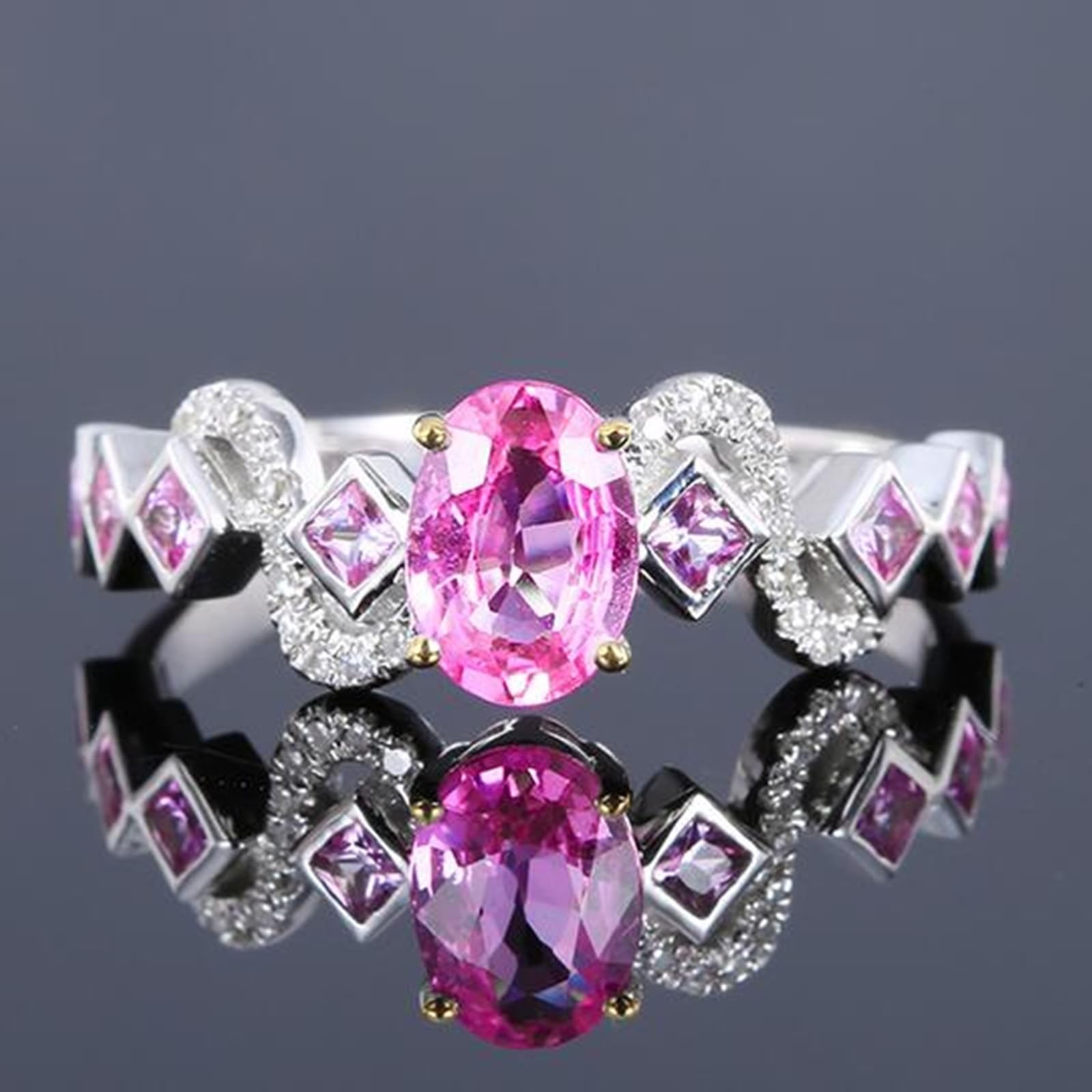 Anillo de boda de oro blanco de 18 quilates, zafiro rosa ovalado, anillo promise ovalado con zafiro rosa de 1,07 quilates y anillo de diamante para mujer