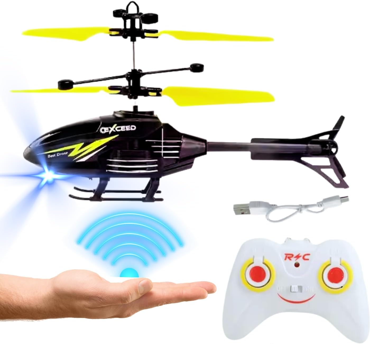 Outdoor and Indoor Flying Helicopter with Hand Induction Watch | Electronic Radio RC Remote Control Toy | Charging Helicopter with 3D Light & Safety Sensor for Kids - Black Yellow