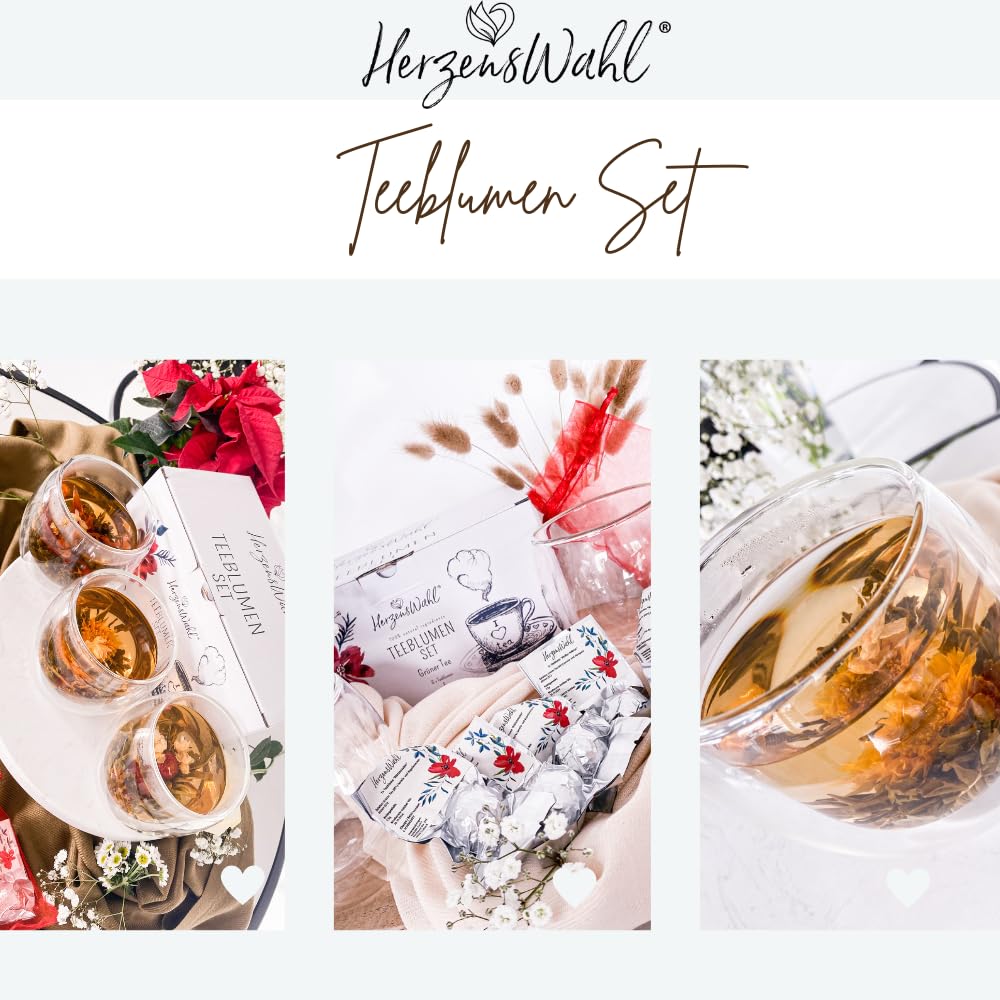 HerzensWahl Teeblumen Geschenkset | 6x Teeblumen, 2x Teetassen & Geschenkbox | Erblühtee | Teerosen Probierset | Grüner Tee & Teegläser Set für Teeliebhaber