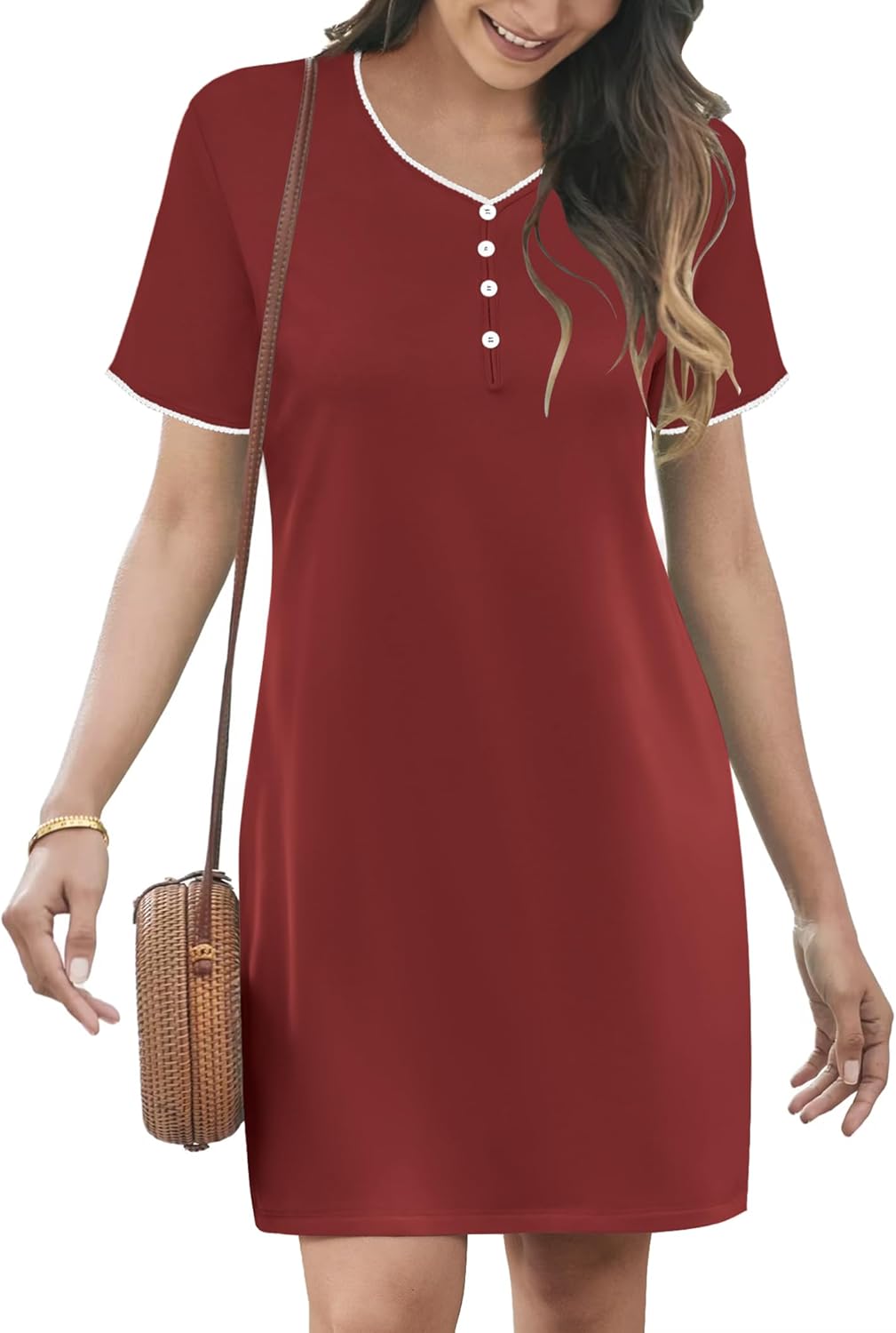 Ekouaer Sleep Shirts for women Nightgown Short Sleeve Night Shirts V Neck Casual Print Sleepwear Dress S-2XL