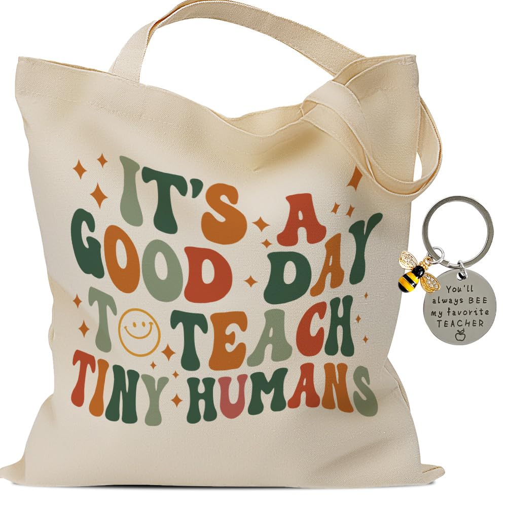 FALJIOK It's A Good Day to Teach Tiny Human Rainbow Canvas Tote Bag & Keychain Set, Teacher Appreciation Gift, Reusable Grocery Bag, White, One Size,