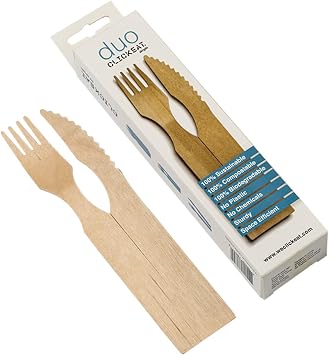 Duo Wooden Cutlery Set - 10 Units - 100% Compostable, Easy to Store, Stackable- Cutlery Set for Sustainable Dining Solutions