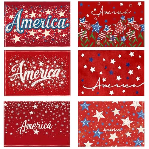 Independence Day Placemats Set of 6 12x18inch Flax Table Mats Fourth of July Theme Place Mats Festival Washable Table Placemats for Indoor Outdoor Party Kitchen Dining Table