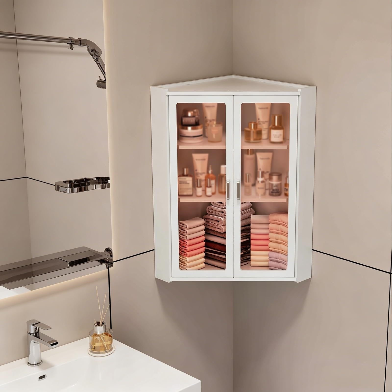 Mueble de baño colgante sin perforaciones y estantería organizadora esquinera de 3 niveles