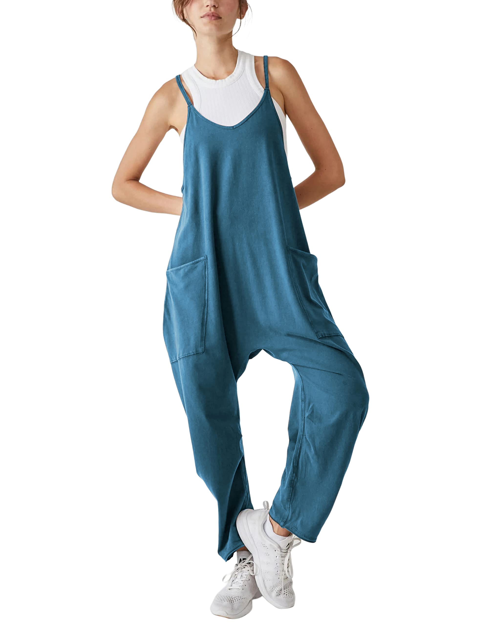 YeokouWomens Harem Jumpsuits Black Baggy Overalls Cotton Linen Loose Fit Jumpers with Big Pockets