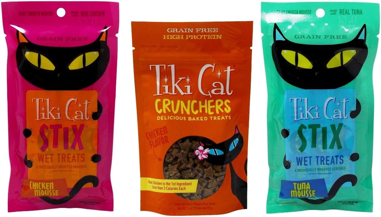 Tiki Cat Grain Free Cat Treats 3 Flavor Variety Bundle, 1 Each: Chicken Mousse, Chicken Crunchers, Tuna Mousse (2-3 Ounces)