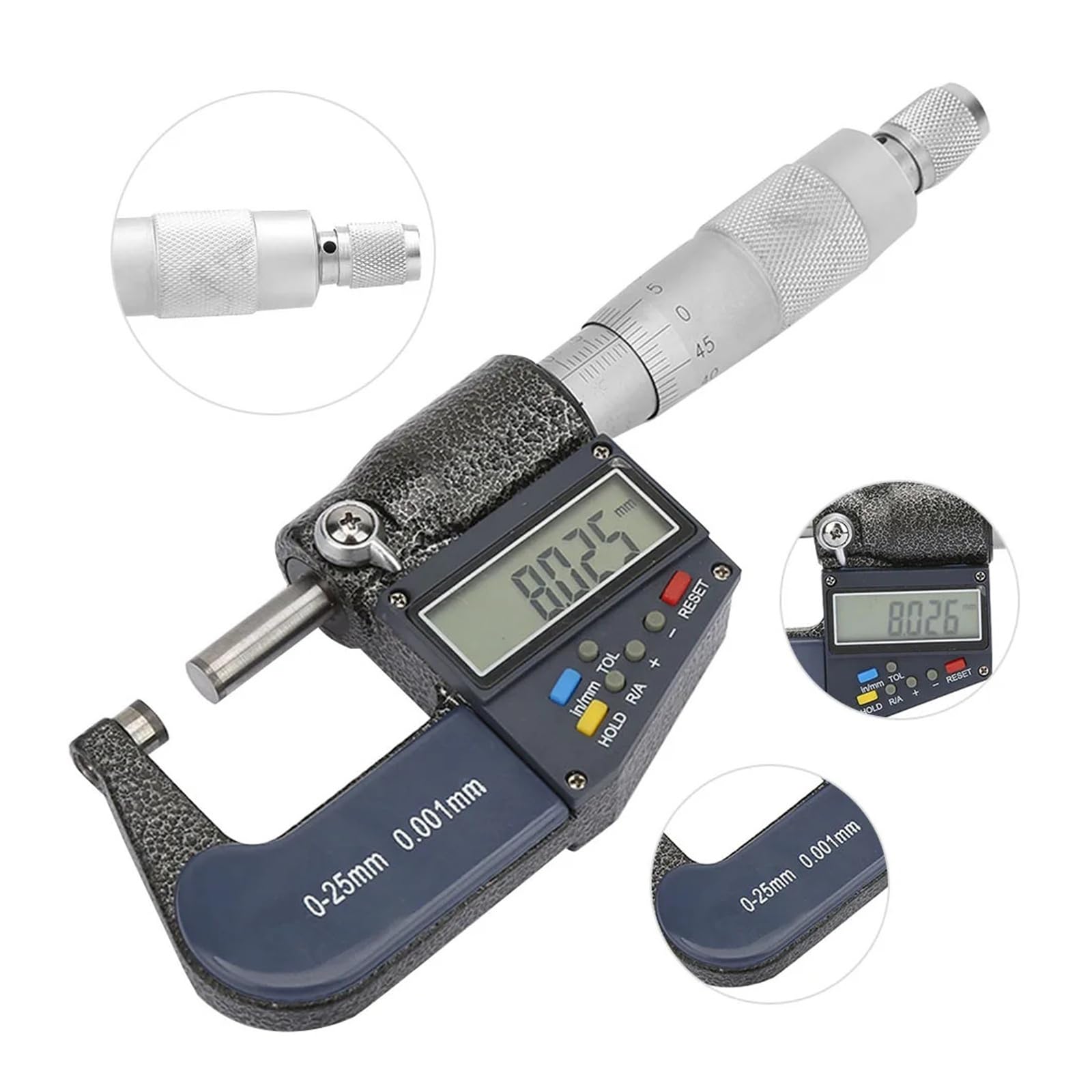 Digitales Mikrometer-Messwerkzeug, 0–25 mm, elektronisches digitales Mikrometer, 0,001 mm Dickenmessgerät und Schraubenschlüsselsatz Genau