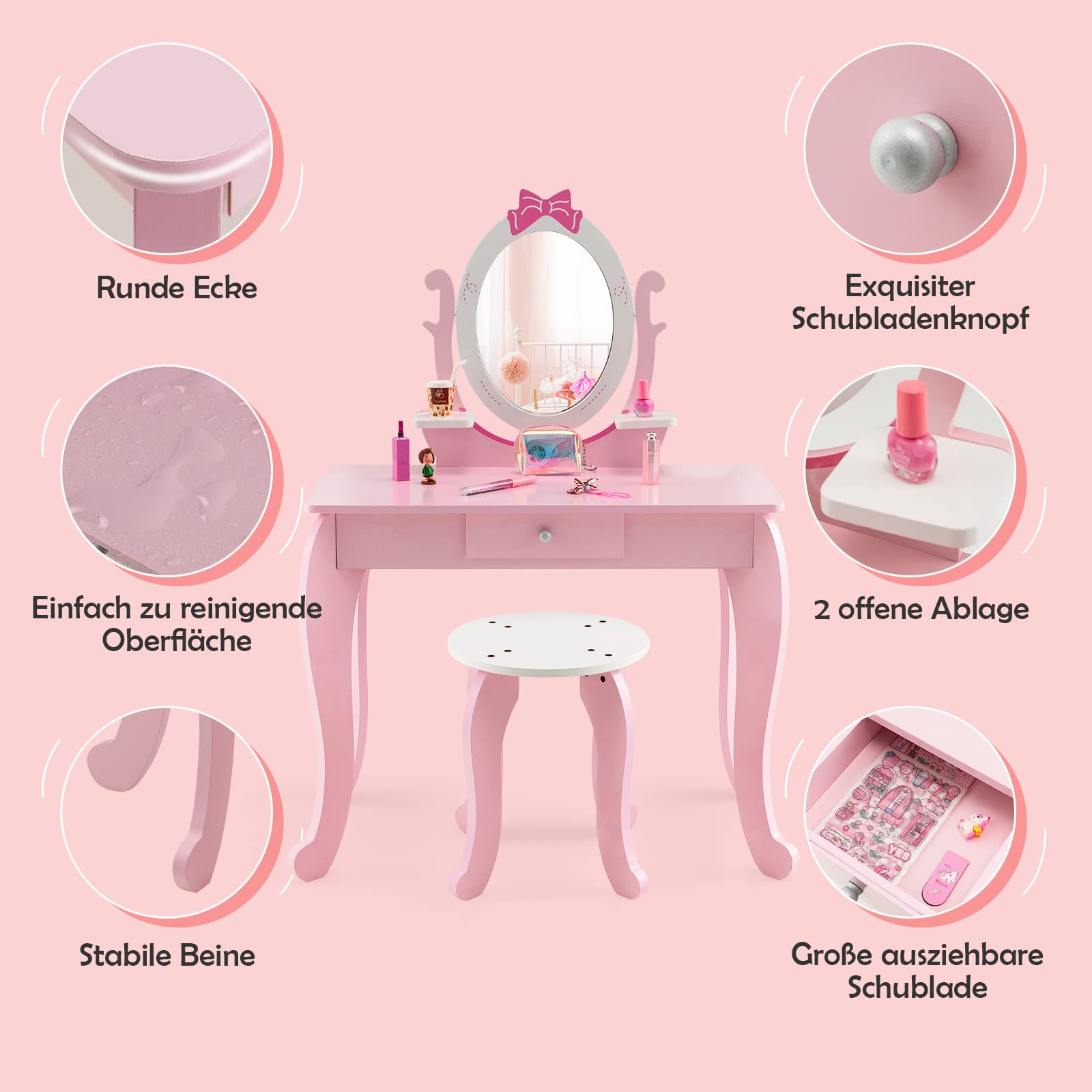 DREAMADE 2 IN 1 Kinder Schminktisch mit Hocker und abnehmbarem Spiegel, Kinderschmink aus Holz, Frisierkommode, Kosmetiktisch, Prinzessin Frisiertisch mit Schublade für Kinder Mädchen