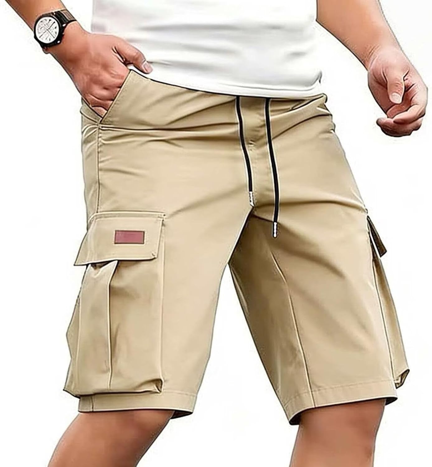 Cargo Shorts for Men Stretch Waist Knee Length Short Pants Relaxed Fit Hiking Capri Shorts with Mulit Pockets