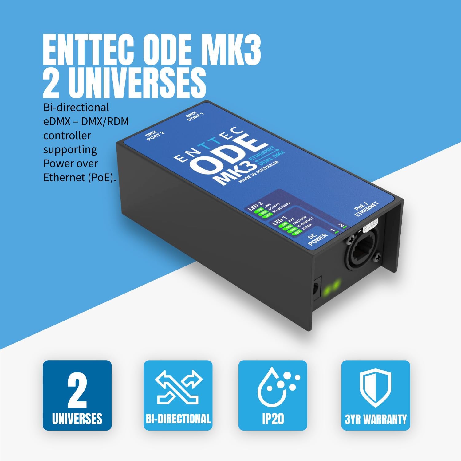 Enttec ODE Mk3 70407 POE 2 Universe Dual DMX / RDM Ethernet Converter Interface