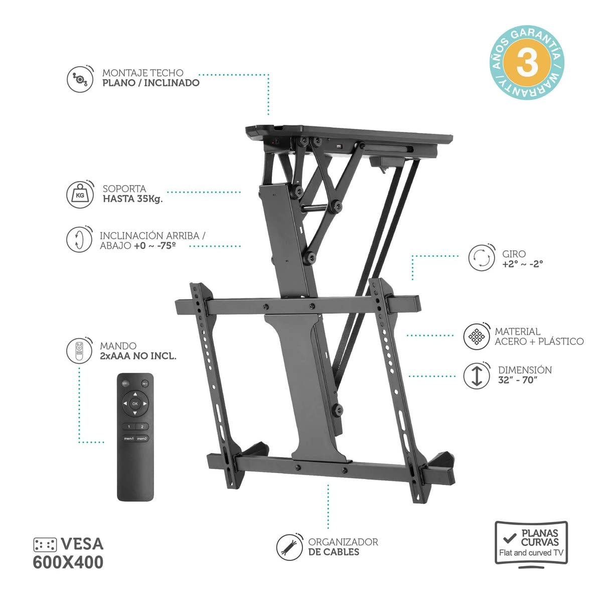 HOLMIOS EASY SOLUTIONS! | Soporte de Techo para TV Motorizado | Apto para Pantallas Planas y Curvas de 32-70 Pulgadas | Soporta hasta 35Kg | VESA 200X100 / 200X200 / 400X200 / 400X300 / 400X400