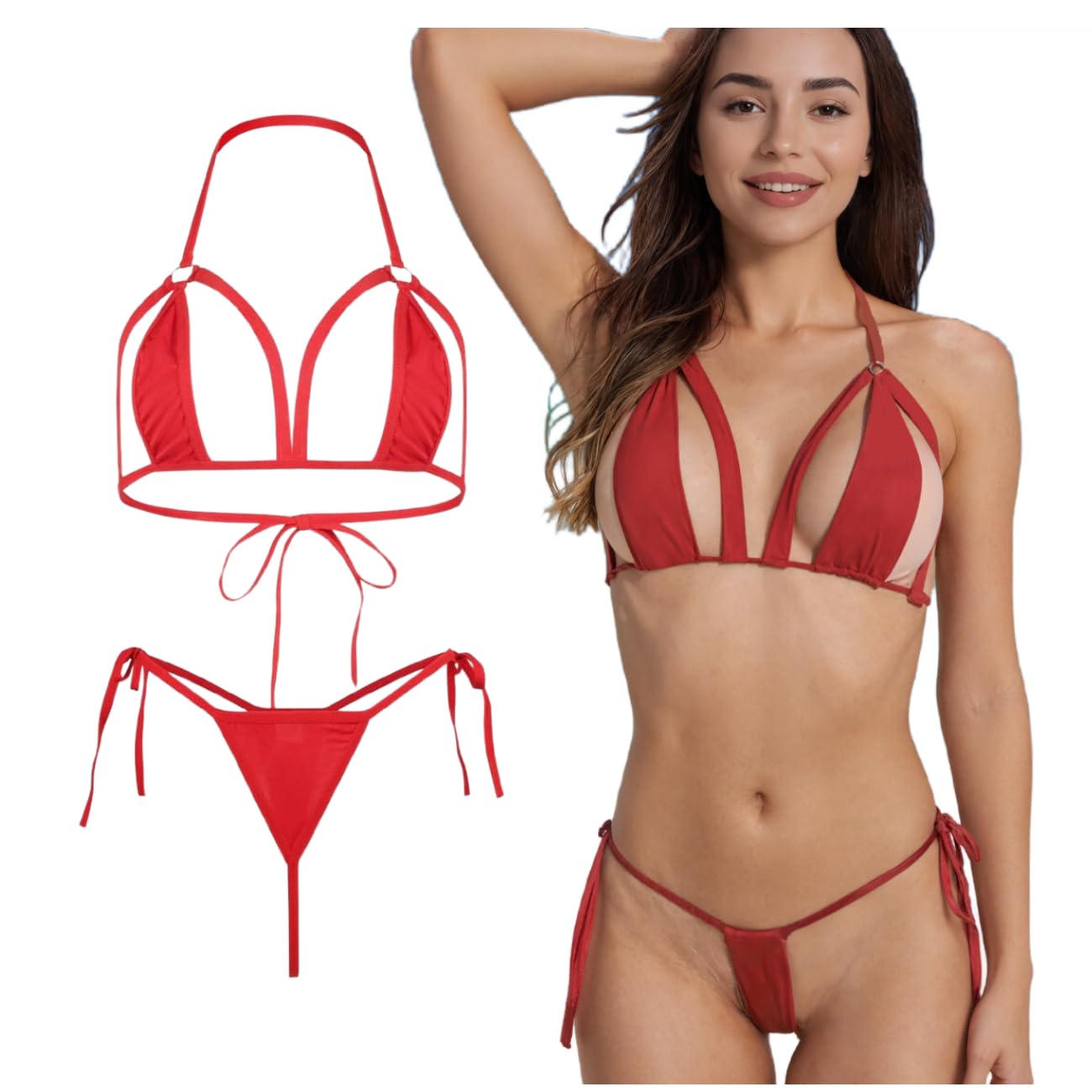 Lingerie con spalline per donna, set bikini micro malizioso, reggiseno a gabbia a mezza coppa, perizoma a vita alta con laccetti laterali, intimo, costumi da bagno con ritagli, abbigliamento da spia