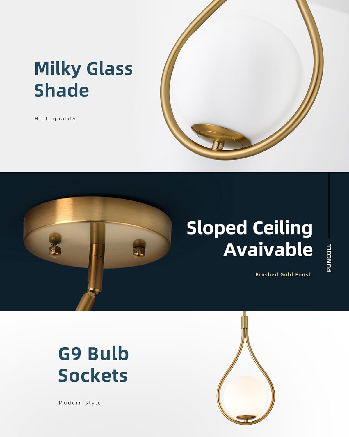 Gold Pendant Lights, 1-Light Pendant Lights Kitchen Island in Brushed Gold Finish with Milky White Globe Glass, Mid Century Pendant Light Fixtures