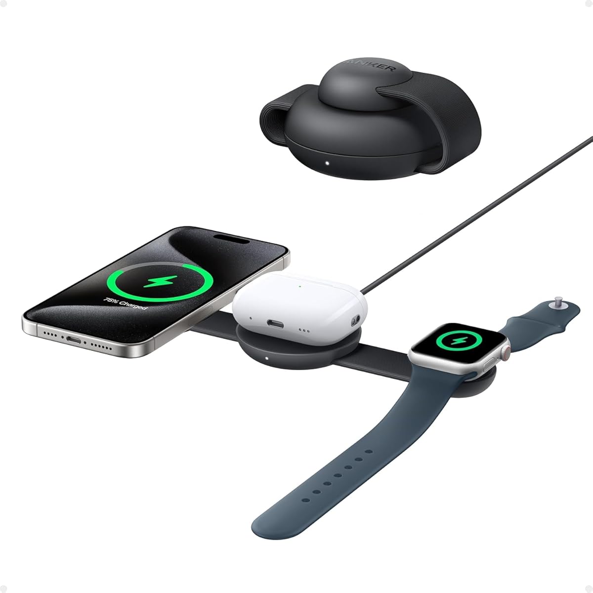 Anker MagGo Chargeur Induction iPhone Station de Recharge Sans Fil 3 en 1 Compatible MagSafe, Certifié Qi2 15W, Chargeur de Voyage pliable, iPhone 17/16/15, AirPods,Apple Watch (chargeur USB-C inclus)