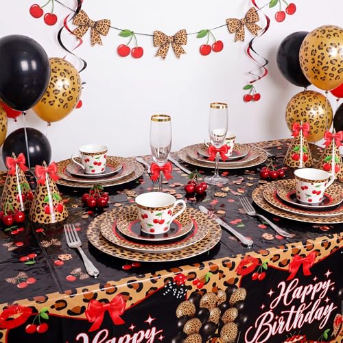 Image of Hahafelt 3 Pcs Cheetah Cherry Disposable Tablecloth Happy Birthday Leopard Table Cover 54 x 108 Inch Plastic Table Cloth Birthday Party Decorations Supplies for Boys Girls Women Men