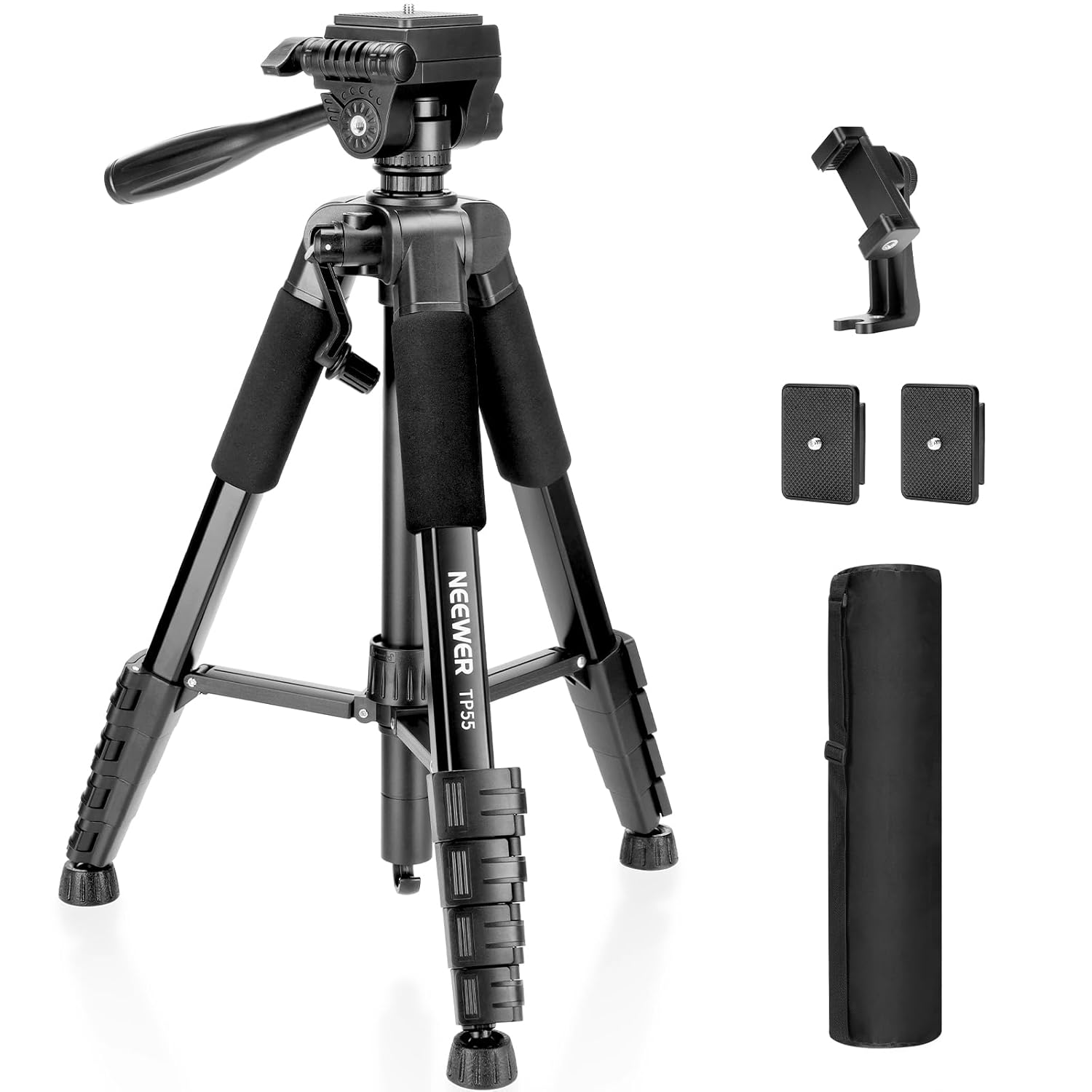 NEEWER BASICS Camera Tripod, 71” Tripod with Cell Phone Holder Mount Compatible with iPhone for Video Recording, Professional Aluminum Lightweight Portable Travel Stand with 3 Way Pan Tilt Head, TP55