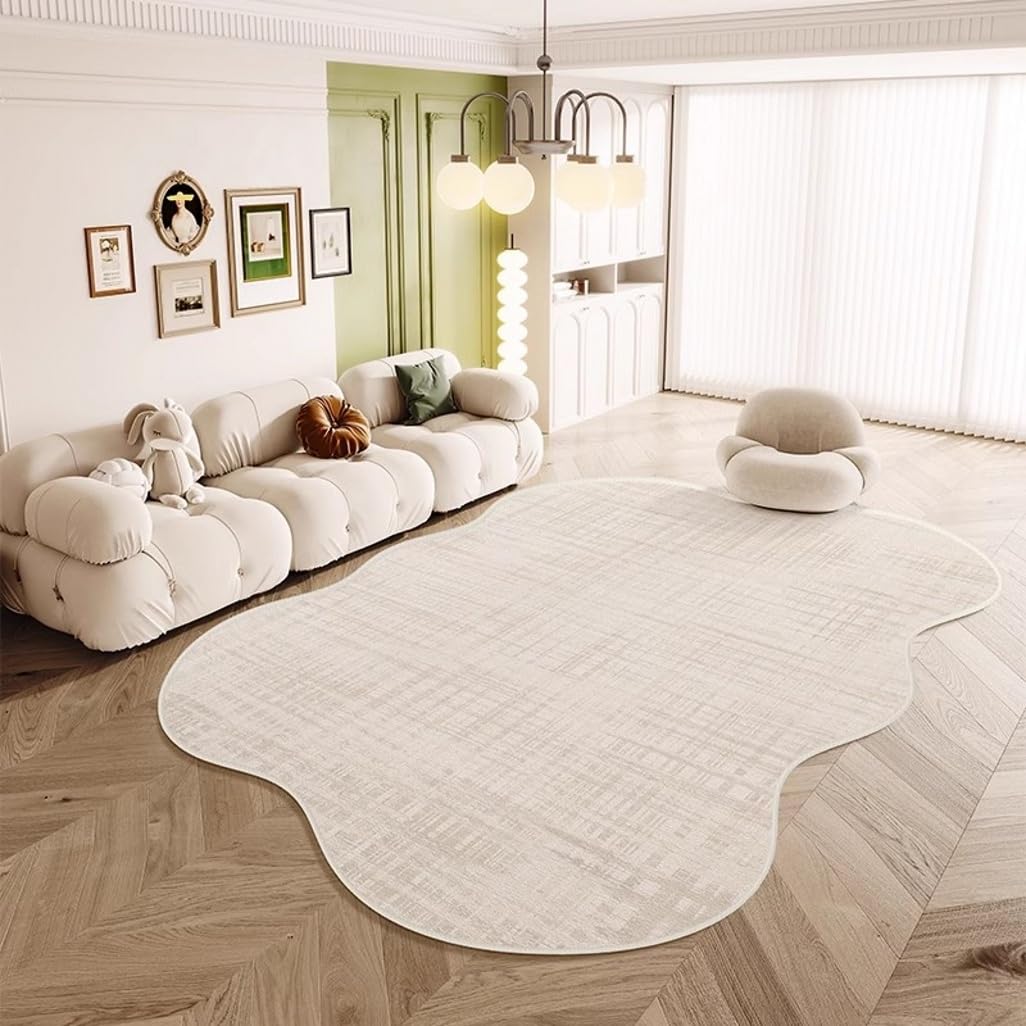 Minimalist White Checkered Pattern Irregular Shaped 8x10 Area Rug for Livingroom Bedroom Diningroom Faux Wool Durable Soft No Slip Carpet Under Coffee