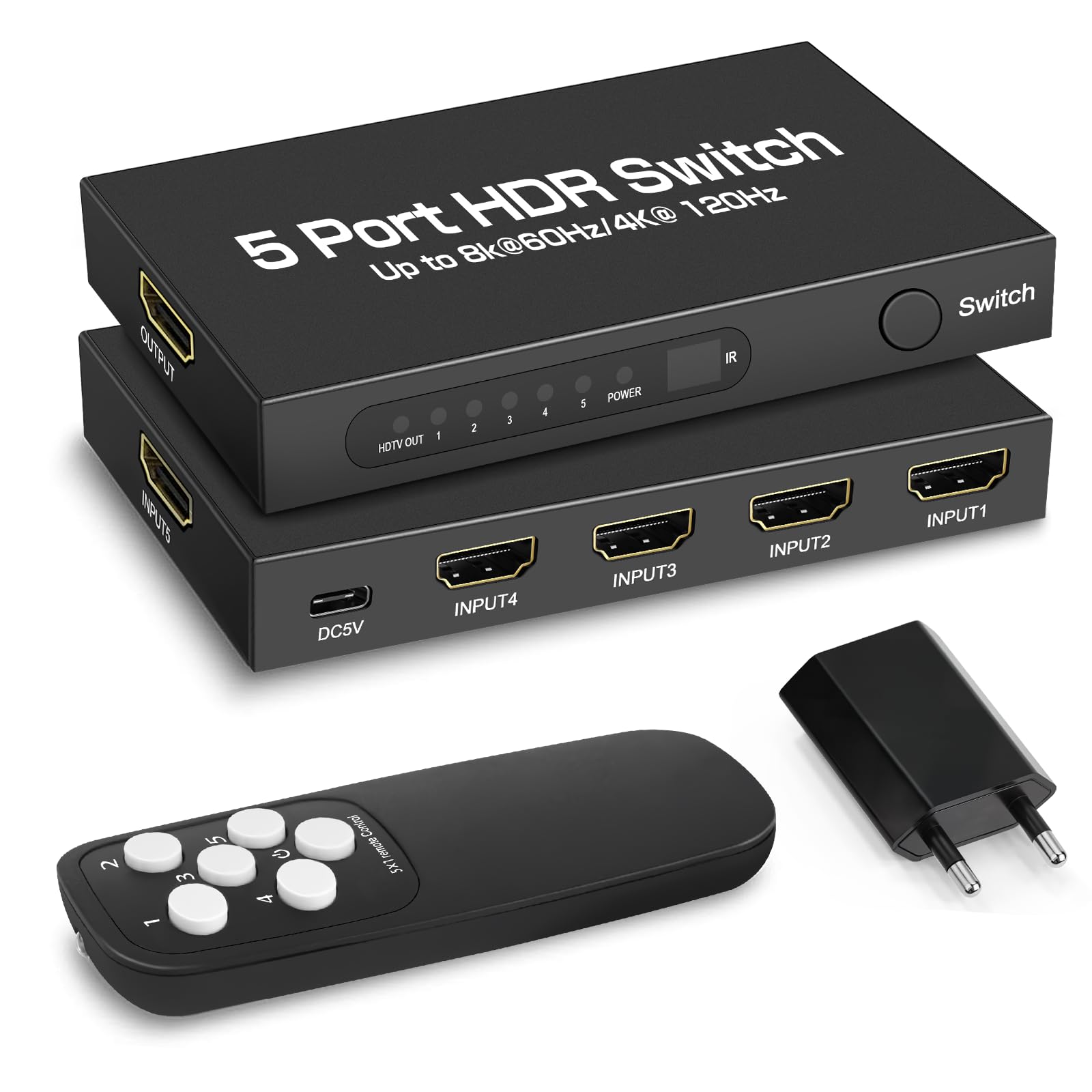 Switch HDMI 2.1 8K@60Hz 4K@120Hz, HDMI Switch 5 in 1 Out, con Telecomando, Supporta 48Gbps e HDCP 2.3 1080P UHD 3D Dolby Atmos Compatibile con PC,Monitor,PS4,TV Stick,Proiettore,HDTV,Lettore Blu-Ray