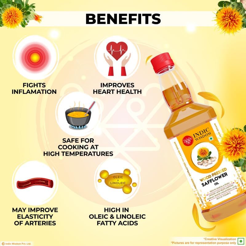 Image of IndicWisdom Wood Pressed Safflower Oil 1 Liter (Cold Pressed Safflower Oil - Extracted on Wooden Churner) (Pack of 3)