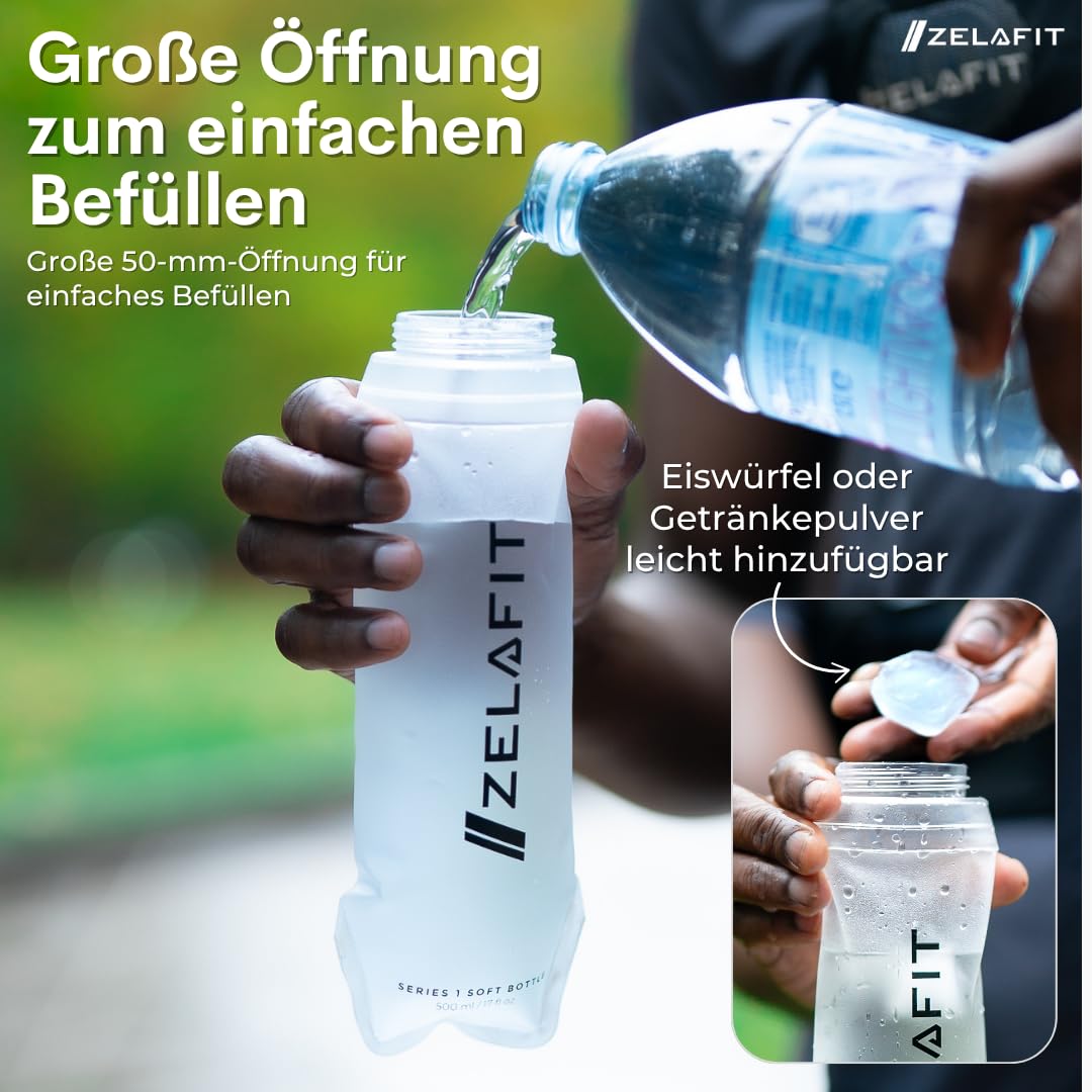 ZelaFit® 2x Faltbare Trinkflasche 500 ml, Soft Flask Trinkbeutel für Laufen & Trailrunning, Leichte Laufflasche mit Beißventil, BPA-frei und Auslaufsicher, Faltflasche
