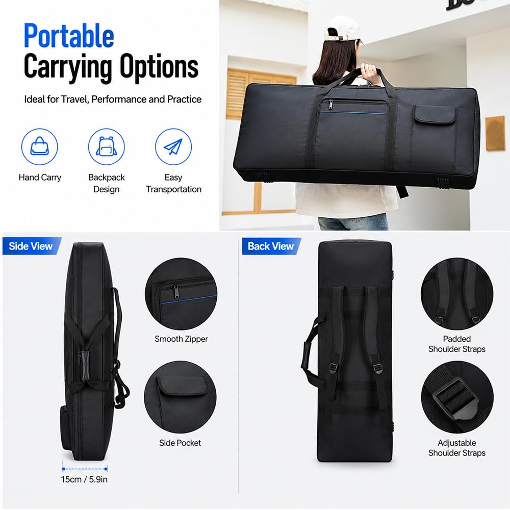 Borsa for Tastiera da 61 Tasti for Casio LK-125 2018-2026 | Custodia imbottita for tastiera elettronica a 61 tasti con maniglie e tasca portaoggetti