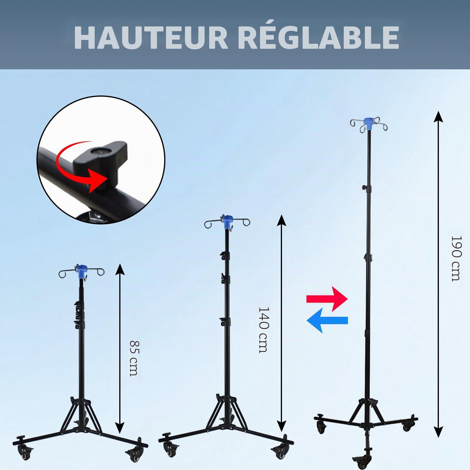 Support de Perche Intraveineuse Pliable, Support D'infusion IV Télescopique, Hauteur Réglable 90 cm à 190 cm, Poteau IV avec 4 Crochets et Trépied Stable, pour Hôpital et Soins à Domicile (avec roues)