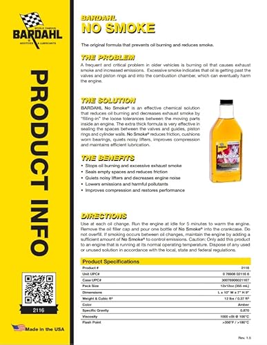 Bardahl 2116 Original Formula No Smoke Oil Additive - Reduces Oil Burning And Exhaust Smoke - 16 Fl. Oz. (Pack Of 1) #TOP3