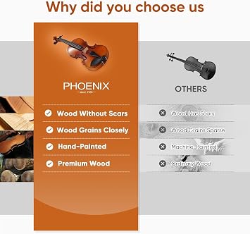PHOENIX Violin 4/4 Full Size Kit, Fiddle Set for Beginner Adults Student with Rosewood Bow, Extra Strings&Bridge, 2 Rosins, Tuner, Case, Mute, Fingerboard Stickers, Shoulder Rest (4/4 Full Size Kit)