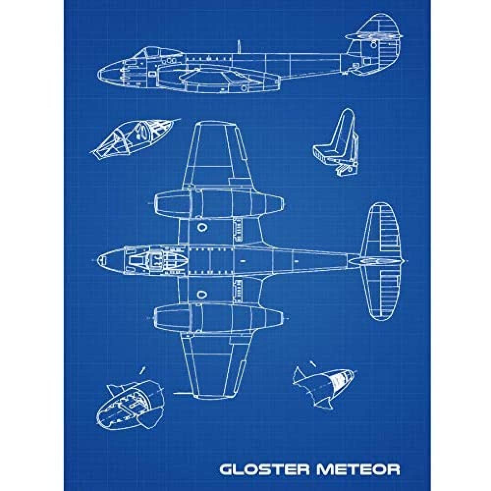 Artery8 Gloster Meteor British Jet Fighter Blueprint Plan Art Print Canvas Premium Wall Decor Poster Mural