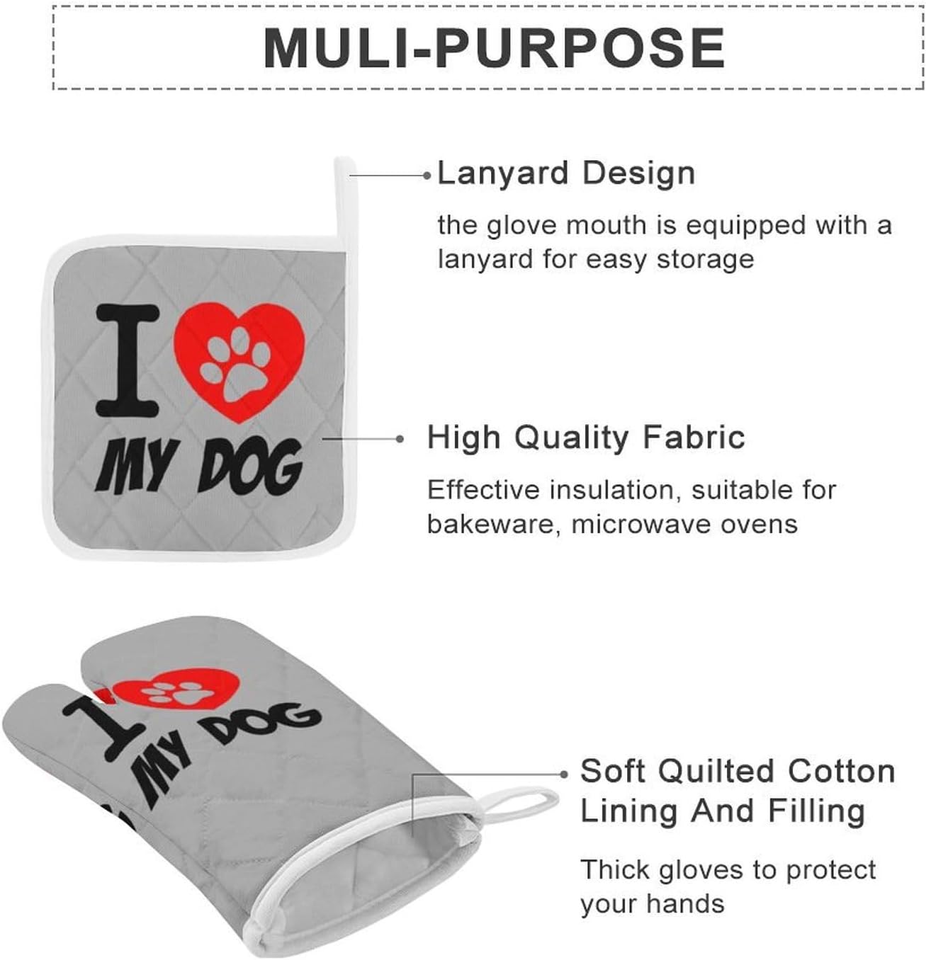 I Love Dog Paw Oven Mitts and Pot Holders 4Pcs Set Heat Resistant Cooking Mitts Hot Pads
