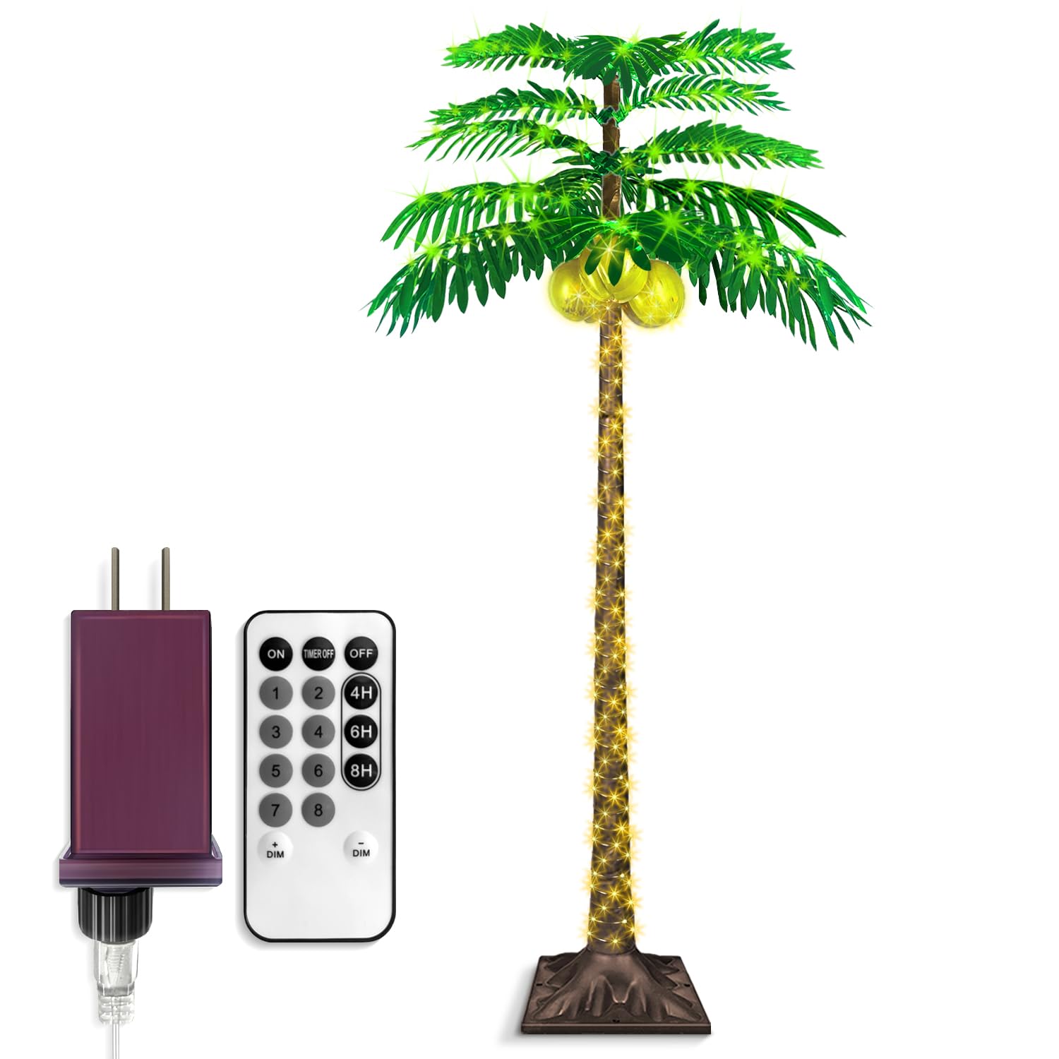 Palma a LED da 1,8 m con 421 luci, palma illuminata per patio esterno, fornita con 3 noci di cocco incandescenti, dimmerabile, 8 modalità lampeggianti e timer.