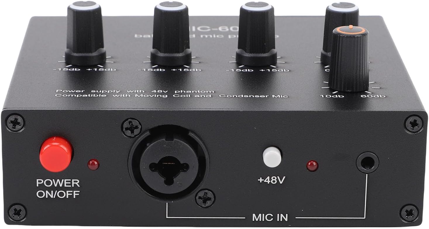 Microphone Preamp Dynamic Microphone Preamp 3.5mm/6.5mmXLR Input Output 60dB Gain Condenser & Dynamic Mic Preamplifier with 48V Phantom Power for Professional Audio Recording