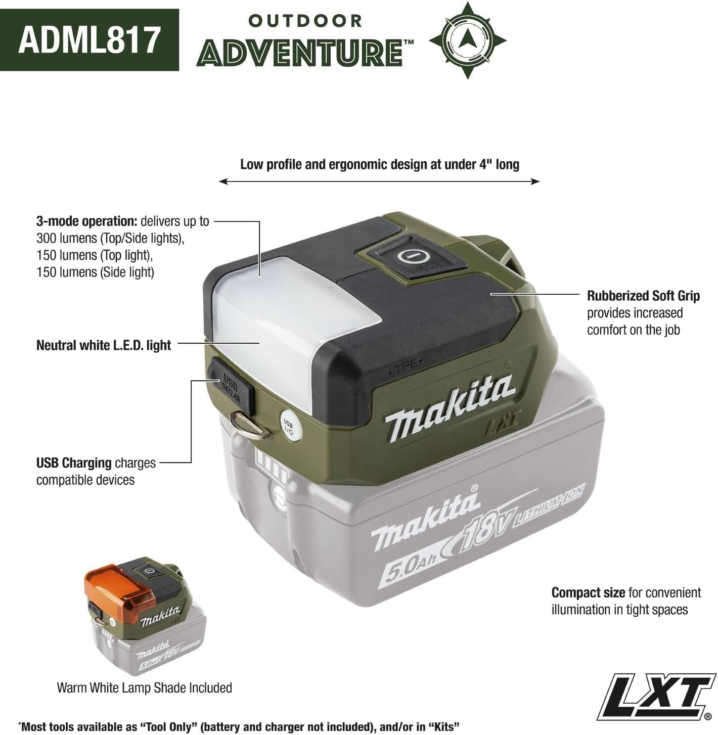 Makita ADML817 Outdoor Adventure™ 18V LXT® Compact L.E.D. Flashlight, Flashlight Only