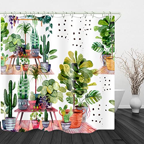 Waterproof Shower Curtains Sets For Bathroom Accessories With Art Green Plant Cactus Printed,Beautiful Wide Fabric Toilet Curtain For Bathtub,Polyester Bath Blind Set Hooks & Liners In Bath Room #TOP4