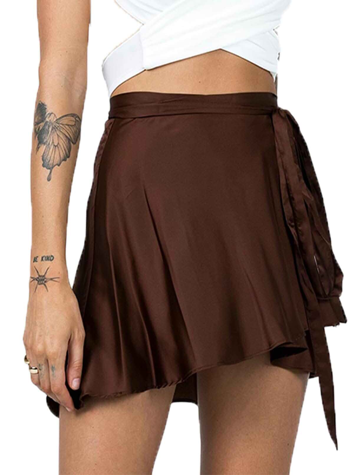 AmorLee Womens Wrap Mini Skirts Casual High Waist Self Tie Knot Silk Satin Short Skater Skirt