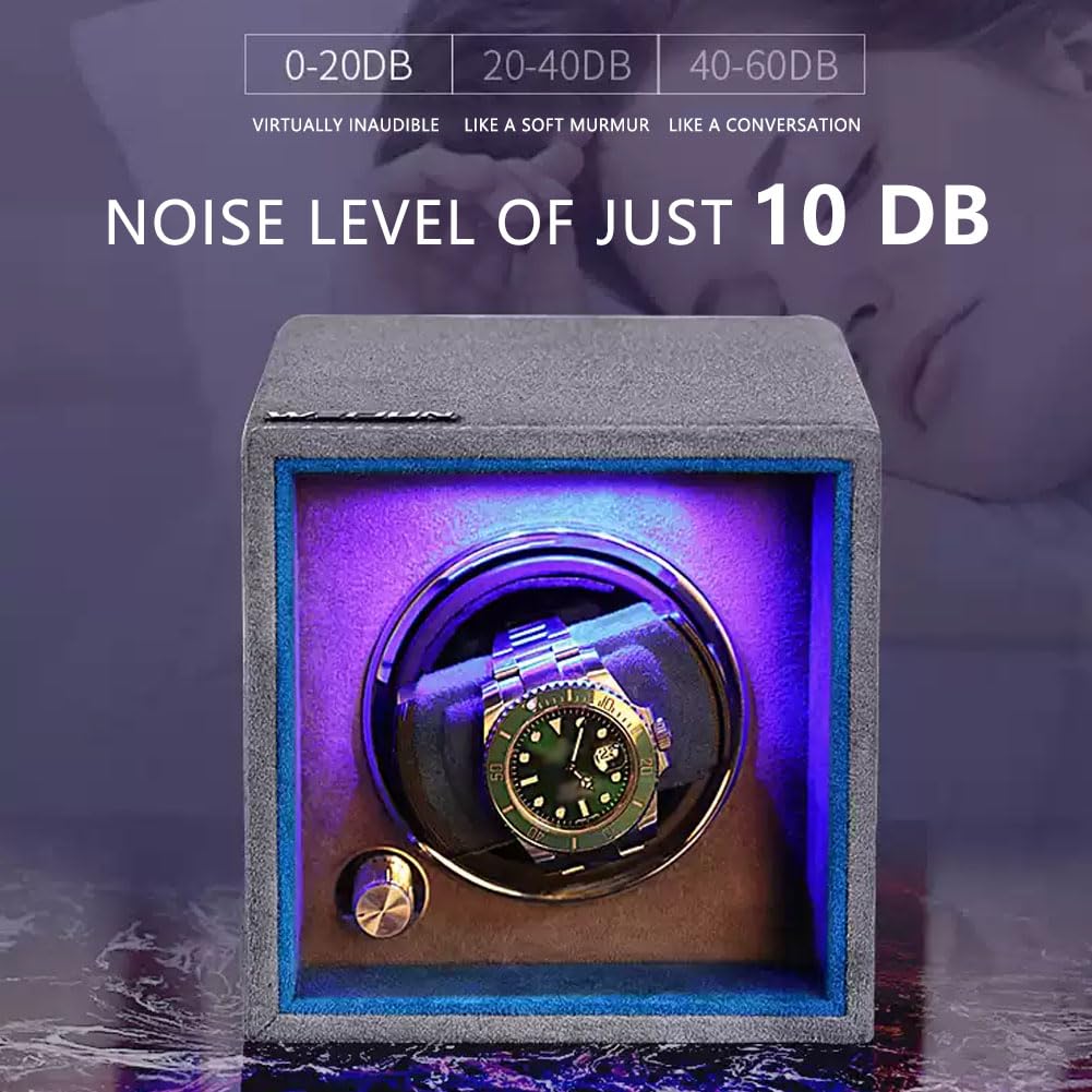 Carica Orologi Automatici, Scatola del Tempo Ultra Silenzioso 10dB Blue | Selettore Rotante Pelle Scamosciata Resistente Ai Graffi Luce Led