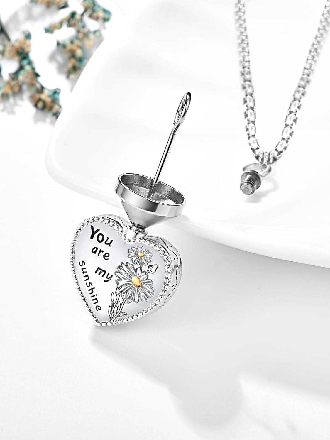 Heart Cremation Urn Necklace for Ashes for Women 925 Sterling Silver You Are My Sunshine Sunflower Daisy Flower Memorial Pendant Keepsake Jewelry Gifts