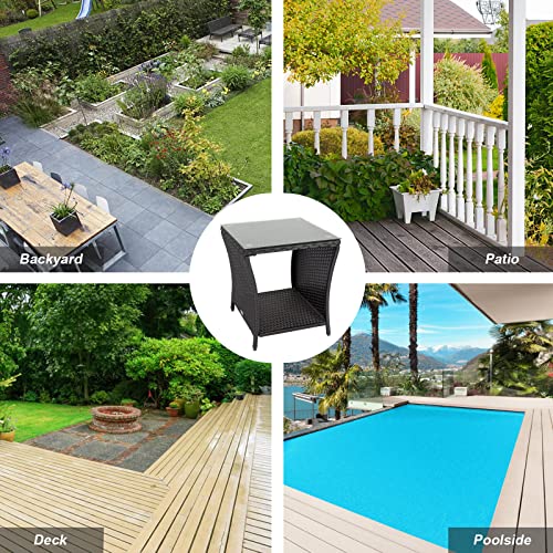 Kinbor Outdoor Patio Side Table - Wicker Pe Rattan Patio Table, Square Coffee Table With Glass Top And Storage, Outdoor Side/End Table For Deck Pool Garden Lawn Porch (Black) #TOP5