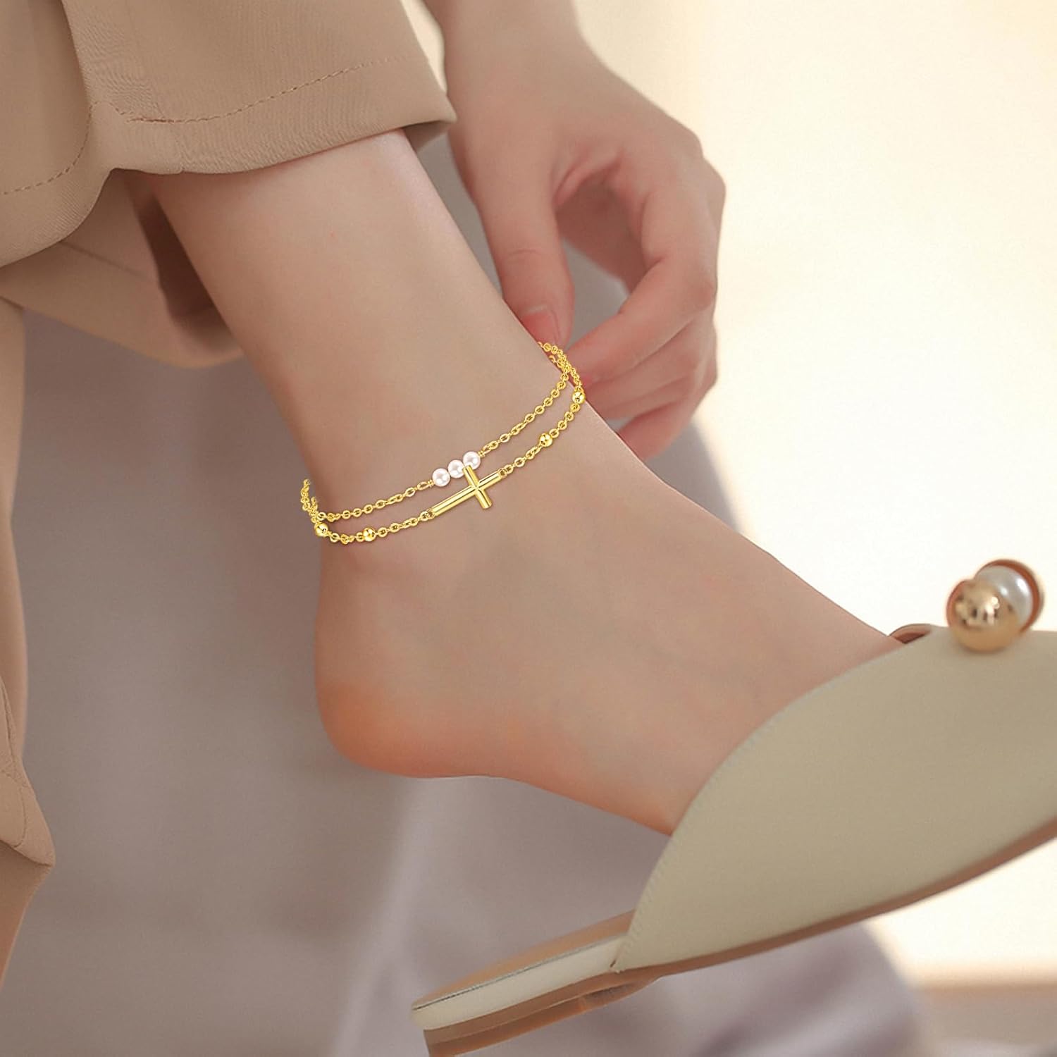 Palpitate Cross Anklet for Women Pearl Cross Ankle Bracelets 14K Gold Plated Adjustable Layered Foot Bead Chain for Women Beach Jewelry Christmas Gifts - Image 6