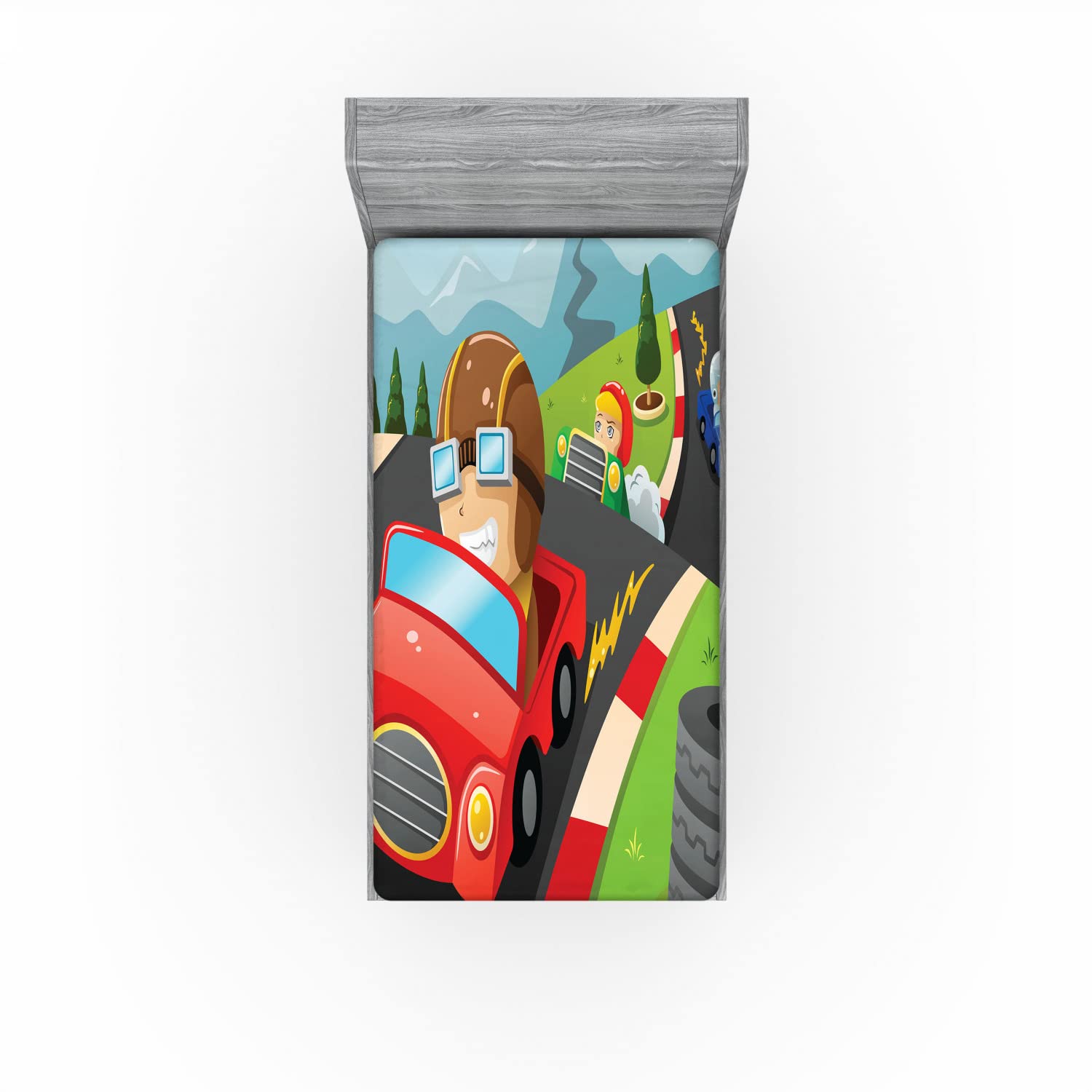 Ambesonne Sports 2 Pack Fitted Sheet, Auto Racing Cartoon Roads, Bed Cover All-Round Elastic Deep Pockets 2 Pieces, Package Contains 2 Twin Size Fitted Sheets, Red Lime Green