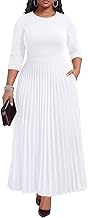 Nmoder Maxi Long Dress for Women, Pleated Empire Waist Casual Dresses Crewneck 3/4 Sleeve with Pockets